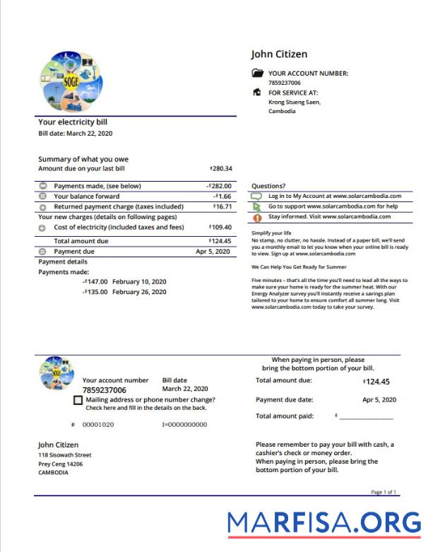 Realistic Cambodia Solar Green Energy Cambodia Co utility bill template in Word and PDF format